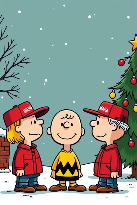 Create a "peanuts " style  Christmas picture of three bald middle aged men wearing red "maga" hats