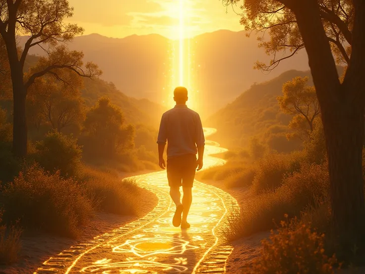 A person walking along a winding path, with radiant light surrounding their feet, showing that each step is guided by divine light. The path is lined with golden trees and sacred geometric patterns, symbolizing the lessons and growth. The background is fil...