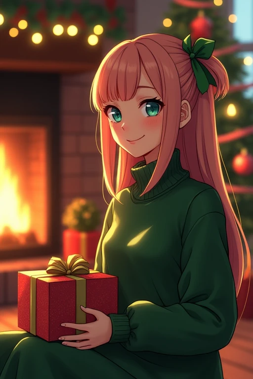 girl in green sweater dress sits in front of chimney and unwraps presents, 1girl, mature woman, solo, peach-colored hair, very long hair, blunt bangs, heterochromia, blue eye, green eye, eyelashes, smiling, blush, glossy lips, beautiful green sweater dress...