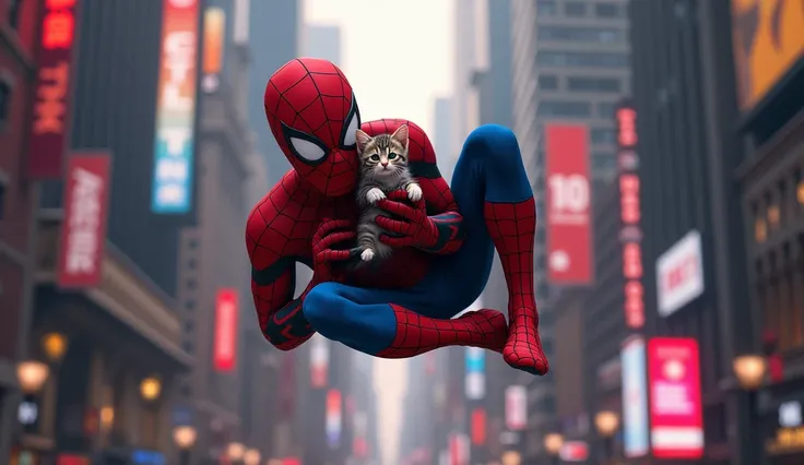 Spider-Man cat caught a cute baby kitten falling from a building in New York 