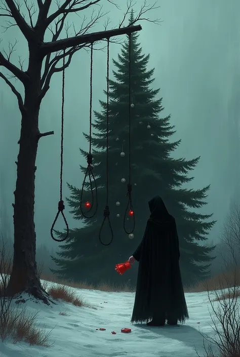 Create an image for me that has a Christmas tree with a gallows and that shows someone stealing and land