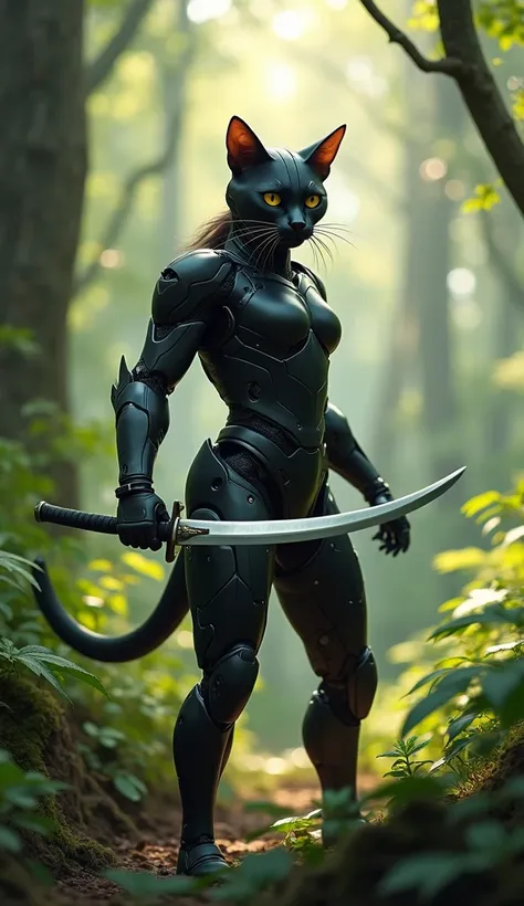 Ninja cat in black robo outfit caring sword  in forct