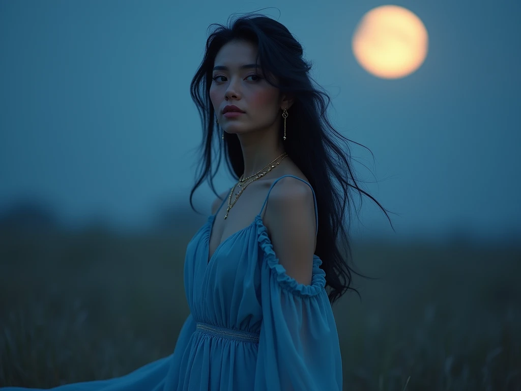 A woman with long, dark hair and a blue dress stands against a moonlit backdrop, her gaze directed to the side. She wears gold jewelry on her neck and ears. The moon is full in the sky above her.