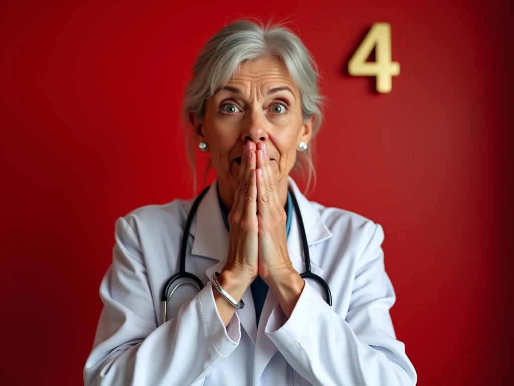 sexy 60-year-old grey-haired doctor showing a little her big breasts with a surprised face covering her mouth with both hands in a front position in a solid red room and in the background in number 4 in gold letters 