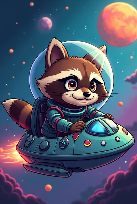 A cartoon of a raccoon piloting a disc-shaped spaceship