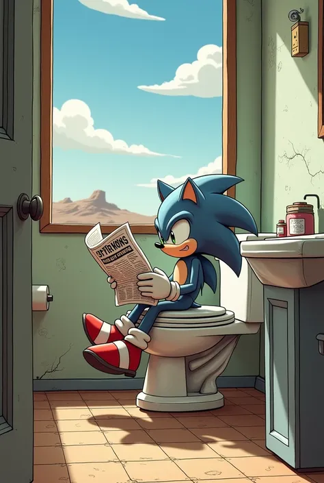 Create an image of Silver from the Sonic saga pooping in a bathroom in the middle of nowhere, reading a newspaper