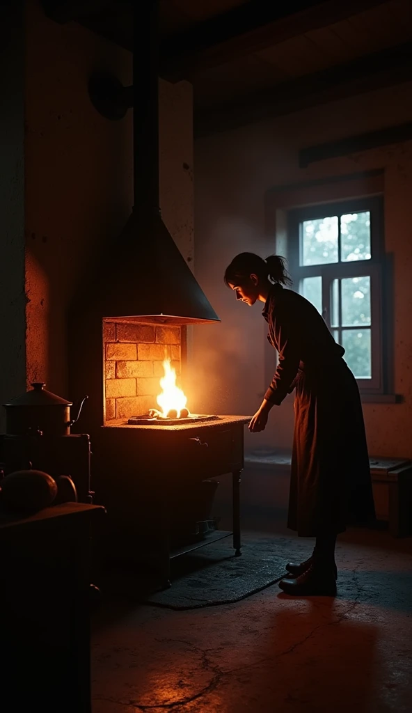 A coal-fired stove glowing ominously in a dimly lit kitchen, with the camera panning slowly towards a woman bending to stoke the fire, shadows flickering on the walls, cinematic depth, hyper-realistic, photo realism, cinematography, ar 9:16