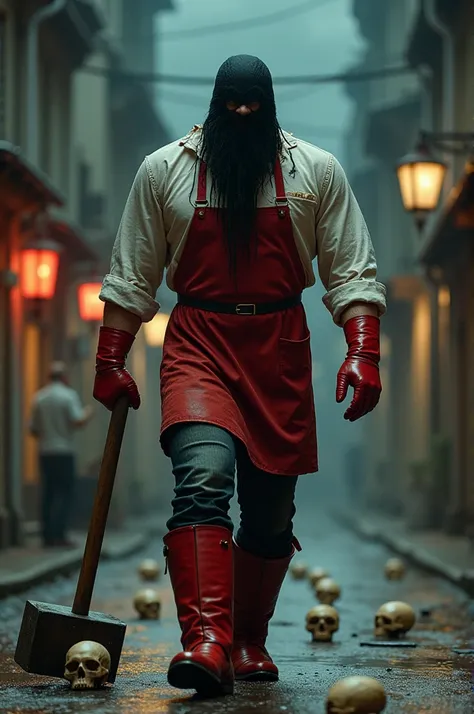 Realistic image of a muscular man I laughed with a black sack on his face dressed as an executioner and butchers clothes, red apron , torn clothes, red latex gloves and giant red boots dragging a giant hammer walking through a small city at night, small sk...