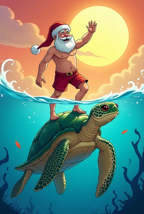 Imagine happy Santa Claus , shirtless,  wearing beachwear and a hat ,  floating above the waters while walking on top of a giant sea turtle . he is smiling,  surrounded by quiet waves and a bright sun in the background .  The art style is inspired by the l...