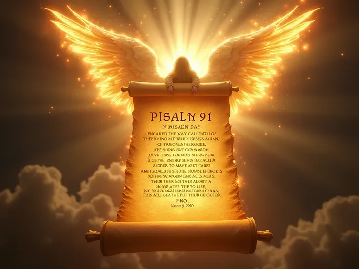 A glowing, ancient scroll unrolling in the air, with the words of Psalm 91 inscribed in golden letters. The scroll is surrounded by divine light, symbolizing the wisdom and protection contained in the prayer. In the background, celestial beings stand in a ...