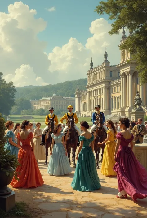 Color photo of a racing stable an aristocratic equestrian estate in Europe,in the 19th century. With horses, jockeys and ladies in colorful dresses in the foreground.