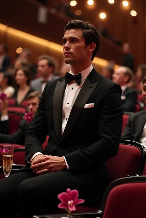 20-year-old man, Tall and strong, muscular,  square face ,  short wavy hair ,  brown eyes ,  tanned skin . Wearing a luxurious black tuxedo ,  white shirt and black bow tie. Drinking a Cup .  in the modern and sophisticated audience of the Sidney Opera Hou...