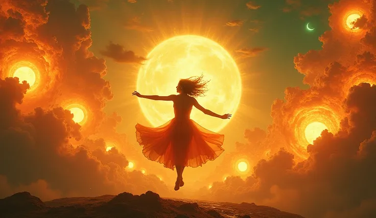 A vivid, fiery image of a person joyfully spinning among clusters of burning suns in the sky, surrounded by golden and red hues. Surreal and ecstatic.
Main colours orange and green 