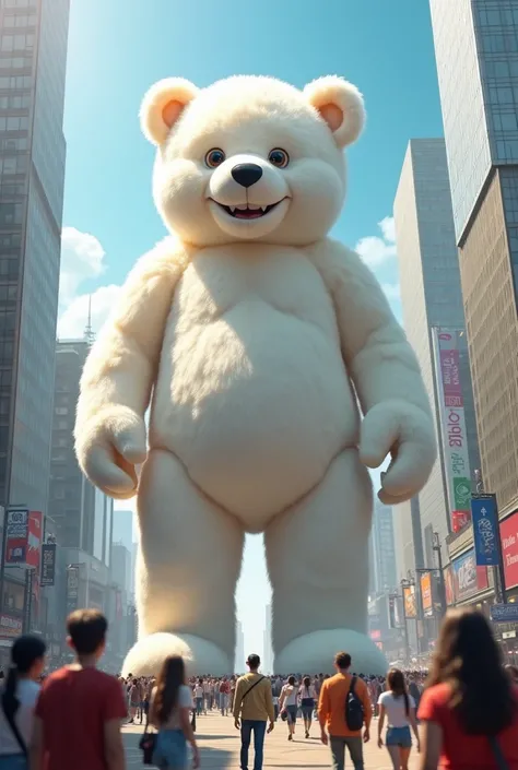 A gigantic white teddy bear in the city with people around