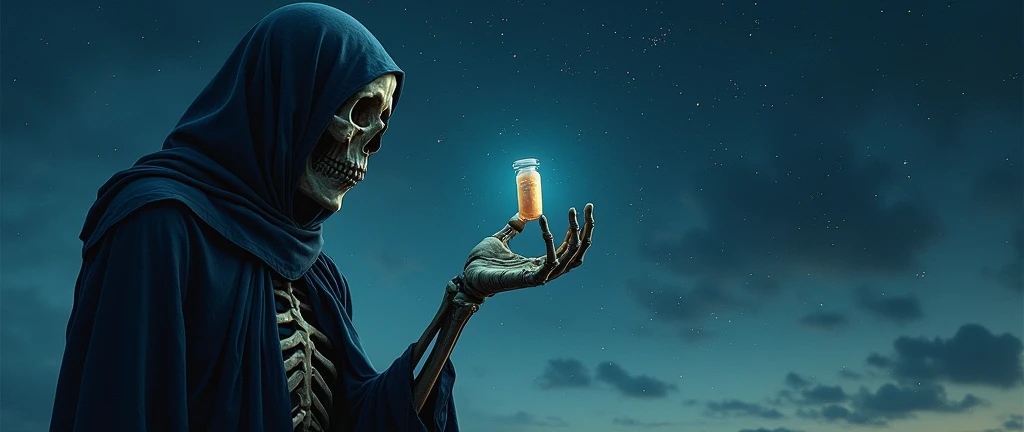  Death at the side angle,  a medicine pill ,. In one hand. (starry sky in the background)