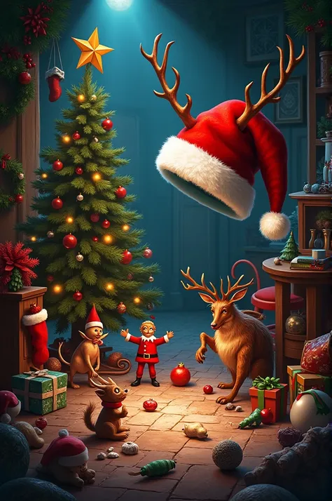  A room decorated with a Christmas theme like a detective game . Full of objects .  That contains a sock an elf a snowflake a snowman a snow sphere a Santa Claus imprint a sleigh a Christmas tree a nut a Christmas wreath a Christmas demon a reindeer horn. ...