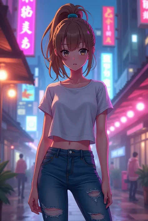 Momo Ayase by Dandandan " A young woman with light brown hair tied in a high ponytail ,  with a strong and decisive expression , dressed in modern casual clothing ,  such as a tight t-shirt and distressed jeans .  She is in a vibrant urban environment ,  f...