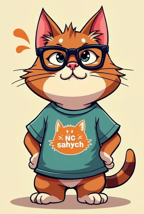 Stylish cat that has a t-shirt and black glasses that is cartoon style and taught that says DCompritas Style