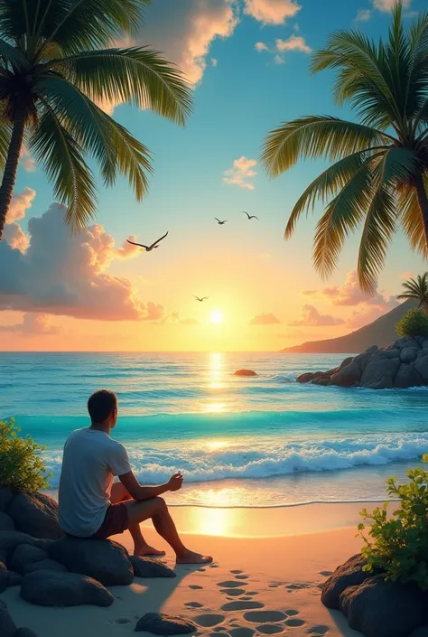 Beach with crystal clear sea and waves  , palm trees ,  sunset seagulls flying full realism in 8K vegetation and man sitting on the shore contemplating the sea ,  with the sun on the horizon .