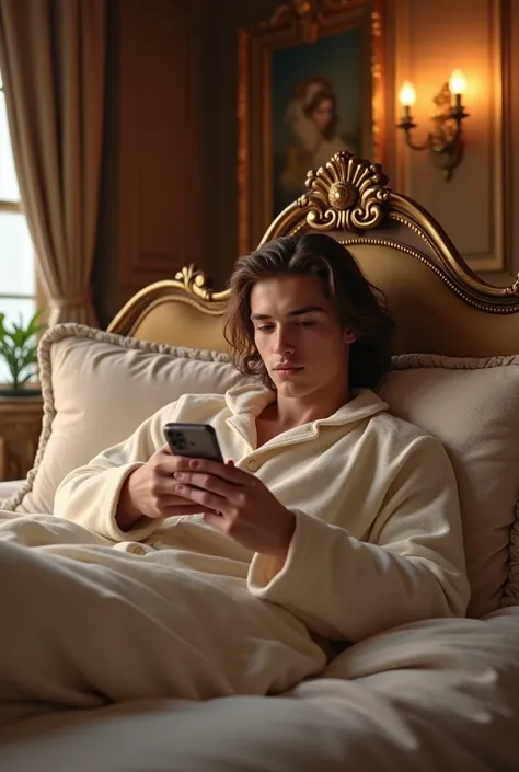 Do you make the image of a young man, tender, beautiful white skin, handsome, loose straight hair, wearing bear pajamas on the bed playing on the phone in a luxurious mansion.