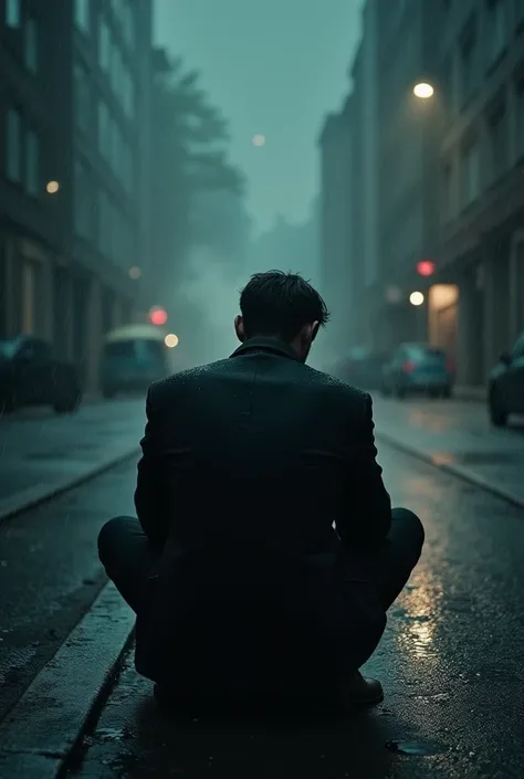 A man sitting on the street in the rain, only his back is visible, the picture is dark. there is a smoke