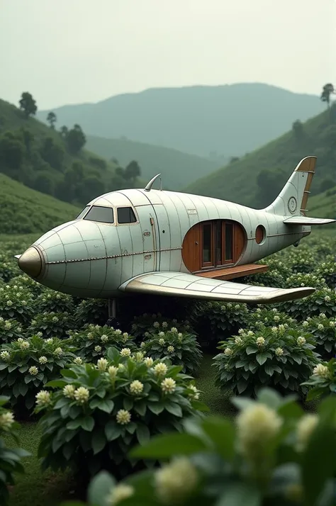 A house shaped like an airplane, located in the middle of a coffee plantation.