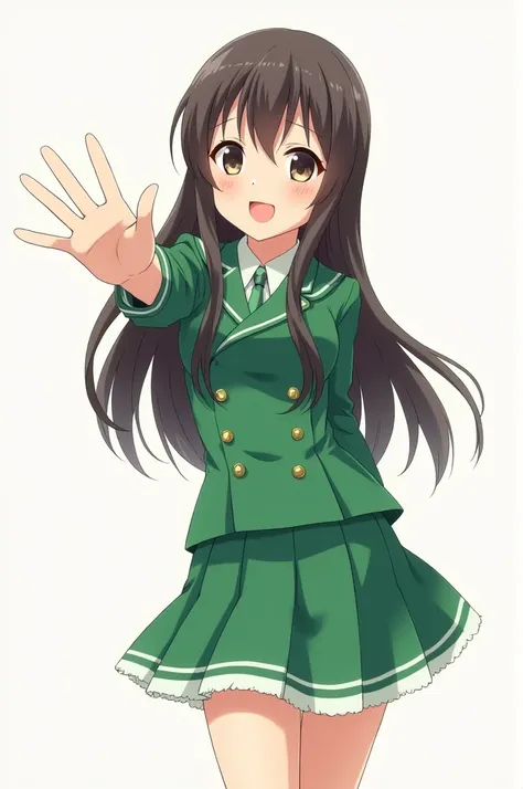 Anime girl in green uniform waving at the camera, full size body