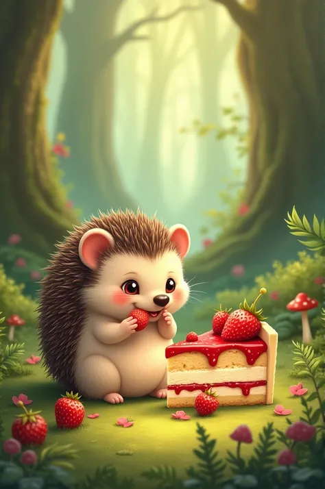 Create a picture of a cute hedgehog eating a piece of strawberry cake in the forest