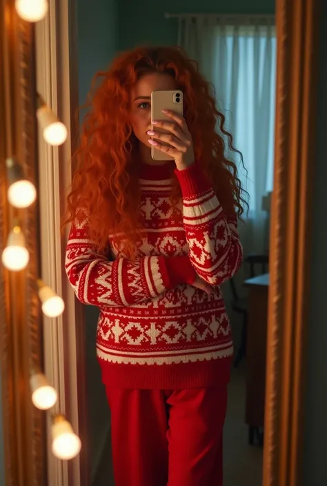 Mirror selfie, standing infront of a mirror, phone selfie, long red curly hair, Christmas baggy sweater, trousers, long pink nails, cinematic shot, dynamic lighting, 75mm, Technicolor, Panavision, cinemascope, sharp focus, fine details, 8k, HDR, realism, r...