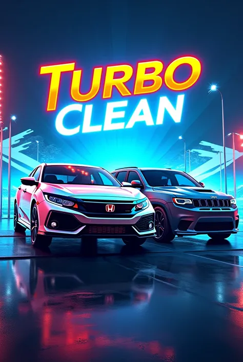 A carwash label called Turbo Clean and a Hinda Civic and a Jeep Grand Cherokee appear