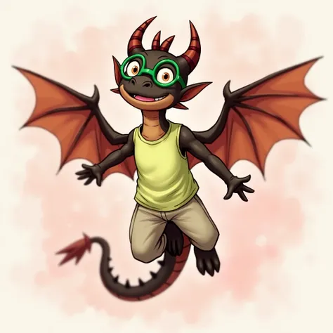  A digital drawing of an anthropomorphic dragon . The dragon has dark brown skin ,  large wings and a long tail with thorns .  He wears green glasses and a lemon-green sleeveless t-shirt over a white shirt.  He is also wearing light beige pants and black g...