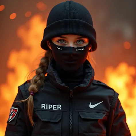  A beautiful girl with green eyes is standing in the middle of the fire wearing a black special forces uniform wearing a mask with a beautiful inscription "RIpeR" and the uniform has  "Ahnenerbe"  and the Nike logo without the word  "Nike"