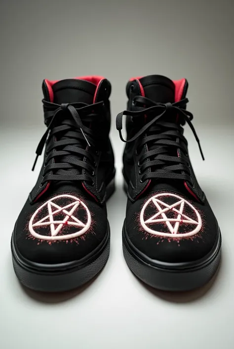  View of the sneakers  "Satan Shoes "  highlighting its most striking elements: Inverted cross,  pentagram and the supposed  " detail of human blood ".  Screen Text : " Art or trademark infringement ?"