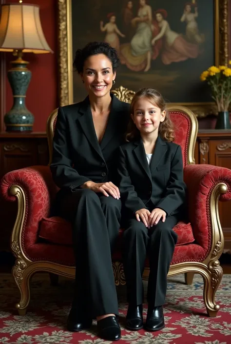 Promotional poster of a woman in her forties sitting on a luxurious chair wearing a luxurious black suit and sitting next to her a young girl wearing a luxurious black suit and behind them a wall full of luxurious antiques and decorations