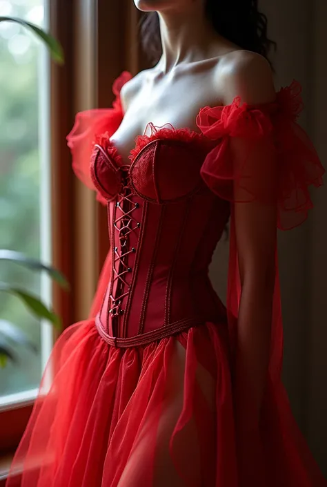 Corset feminin rouge, baleines apparentes, manches longues en tulle et une robe longue droit transparente effet nue serrer pres du corps jupe  longue transparante effet caoutchout bas transparent