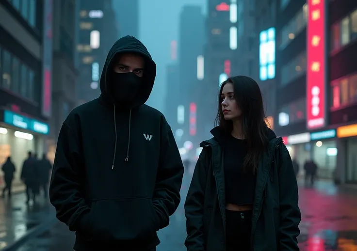 Alan walker con barbijo y una chompa , y una chica, black night y con el logo de W drones