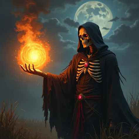 Skeleton - fire mage holds fire in his right hand and has a ring with a ruby on his index finger And he directs the fireball to the left