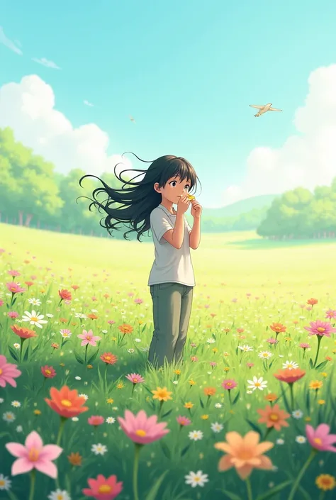 Make a black-haired  standing in a flowery field eating a cookie 