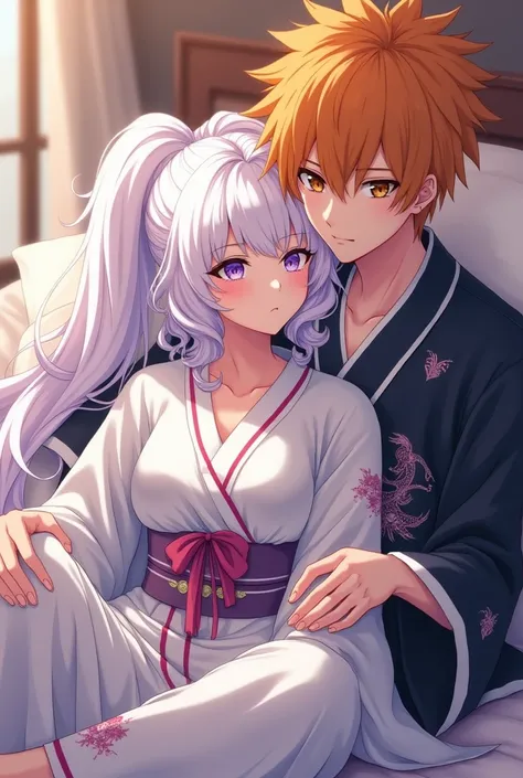 Create an anime woman (Demon Slayer),  she has curly and voluminous white hair ,  she has slanted eyes , one is purple and the other is lilac ,  she wears a white kimono with dragon and phoenix designs, Do her and Ichigo Kurosaki star in Bleach : Hair: Vib...