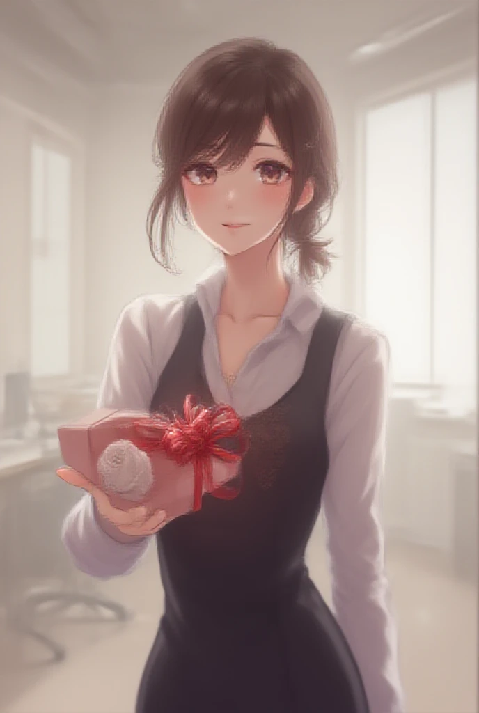 Mature anime office woman holding out a box of valentines choclates