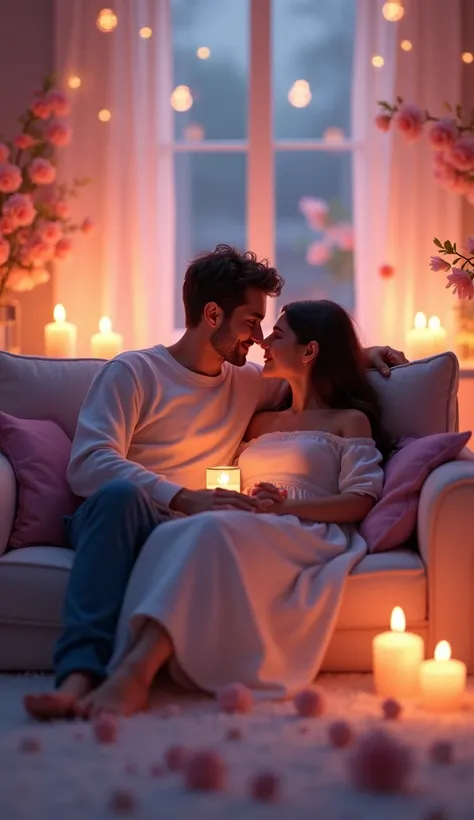  A couple or friends sitting on a comfortable sofa,  with affectionate expressions and a romantic mood . The environment has candles , flowers and soft shades of pink and blue .
