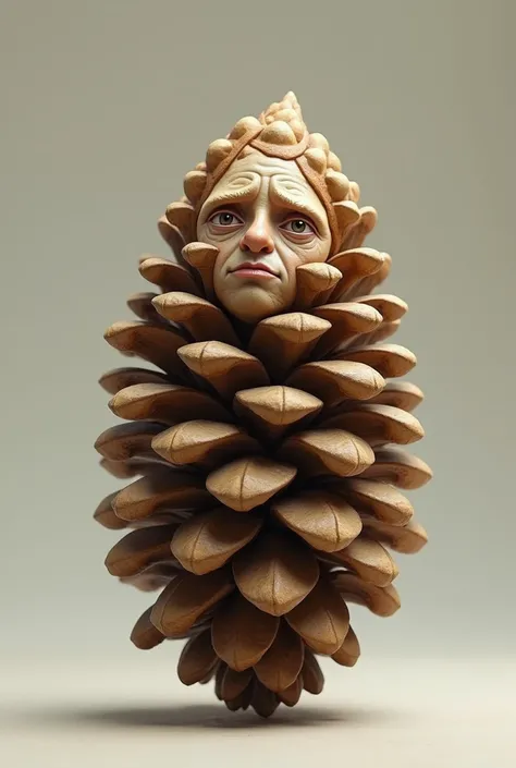 A pine cone with a simple and serious face