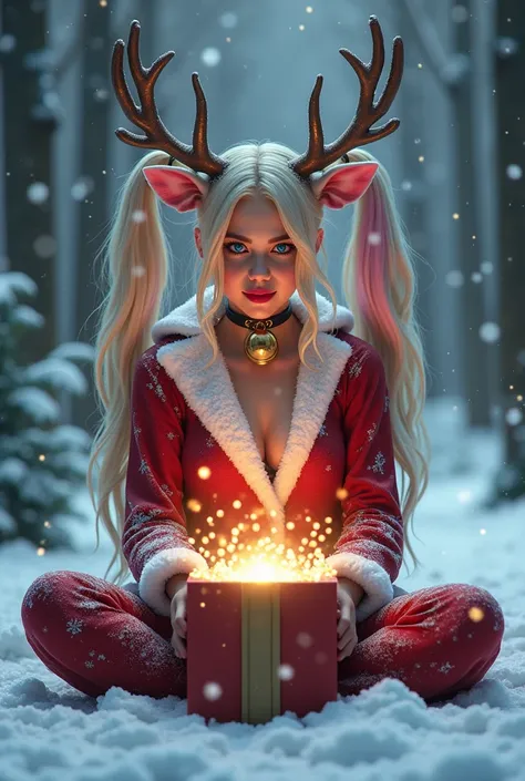 Harley Quinn (with long wavy blonde hair in twintails with pink and blue highlights and blue eyes) being transformed into a Christmas reindeer, (transformation:1.5), (deer fur, large deer teeth, deer ears, deer antlers, enlarged body, deer nose, deer hoove...