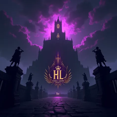  A dark themed background with a battle feel ,  With a majestic fortress and dramatic sky that looks stormy .  The neon purple light radiating from the horizon ,  gives a mysterious and powerful impression .
In the center of the banner ,  there is a logo H...