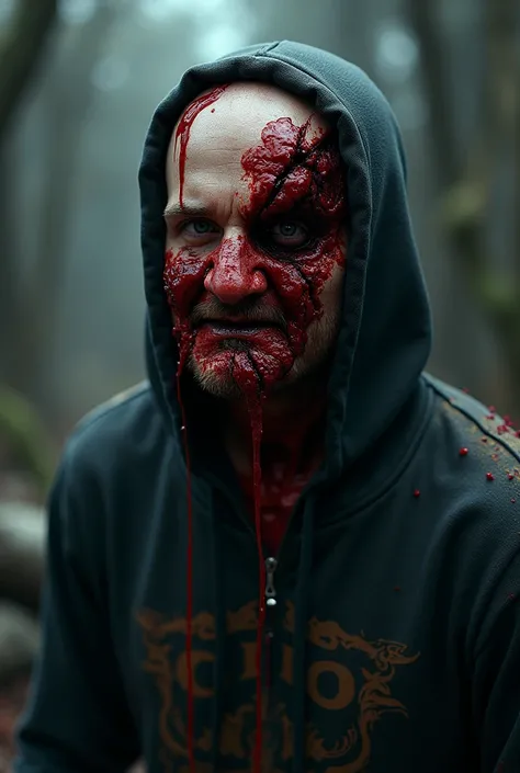 A very realistic gore scene, of a guy in a hoodie wearing a beanie, holding his head thats been blew up open, covered in blud, in a dark fantasy aesthetic