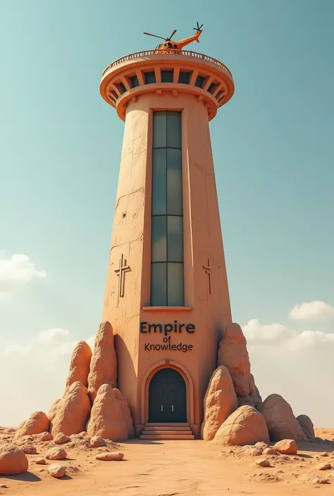 A tall claymation building on which its written the empire of knowledge with a visible helipad on top with a 360 degree angle view 