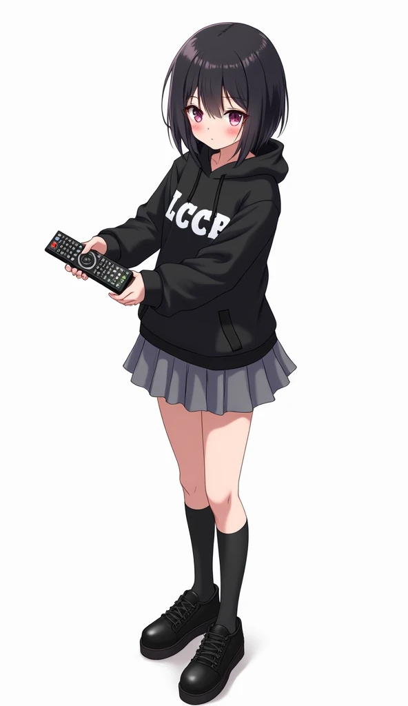 Adult anime woman looking forward and short black hair and wet eyes and standing in the front and her legs and wearing black leather shoes with pins and socks up to the knees And black poleron with a hood and with white phrases Athletic-style font LCCP on ...