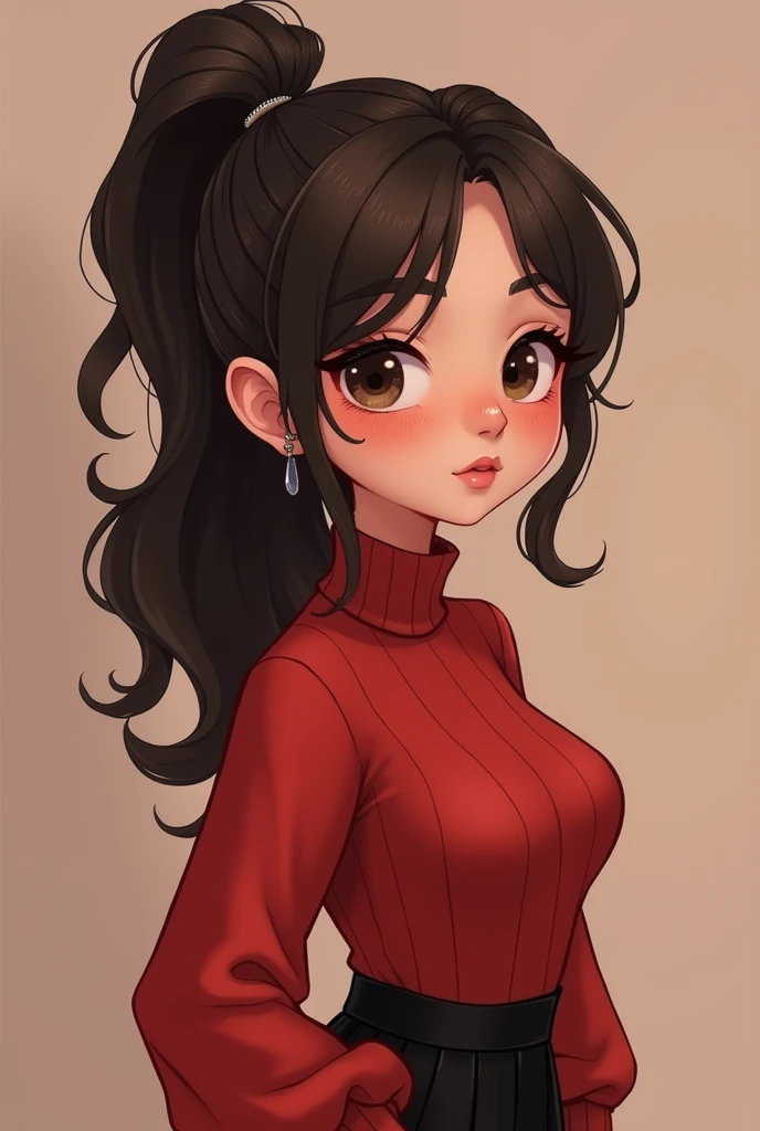 An avatar that looks like a character, with dark brown hair,  big eyes with lashes and almond-colored eyes , cute nose ,  with little blush on the cheeks and aesthetic nose ,  marked clavicles and the body as a half with medium breasts,  very small waist ,...