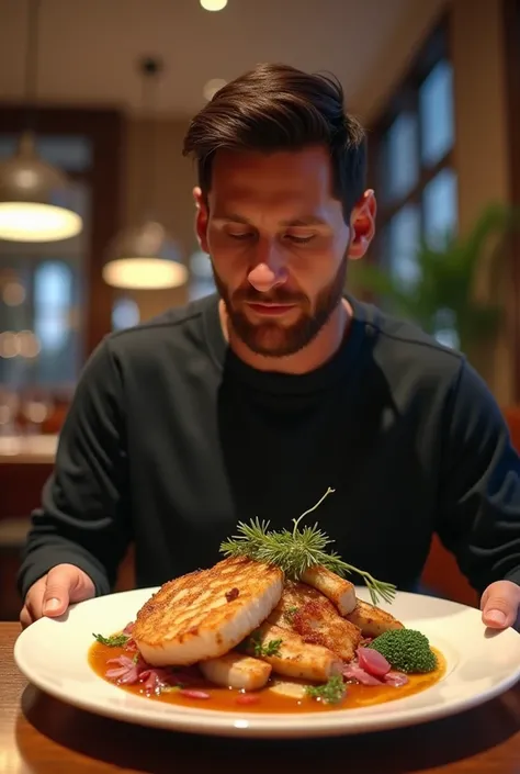 Messi is eating a big plate of fish in the restaurant