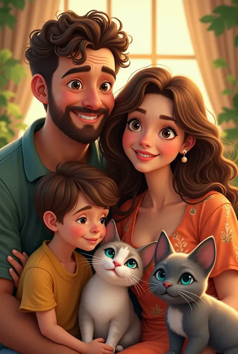 A father family with short curly hair and beard ,  brunette mother with bangs and two boys a  girl and a baby and two cats one white eyes sky blue and one gray green eyes in Disney version